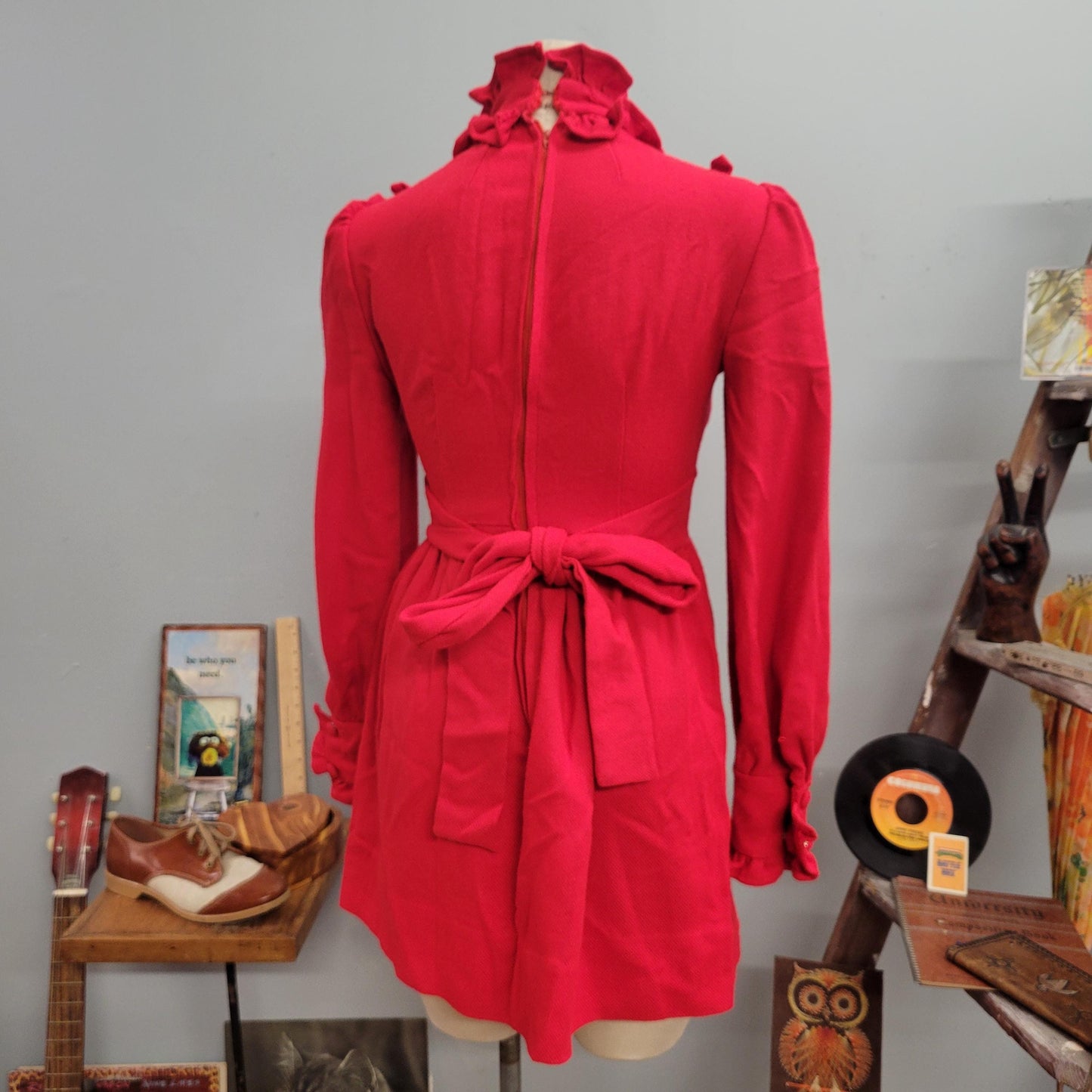 vtg 70s RUFFLE MINI DRESS // vintage red small womens cute puff sleeve ruffle yoke mod twee autumn vibes knit ruffle collar xmas party dress