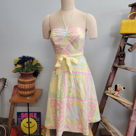 vtg 90s LILLY PULITZER DRESS // vintage pastel patchwork sweetheart halter dress lilly pulitzer size 2 womens usa fit flare belted flirty