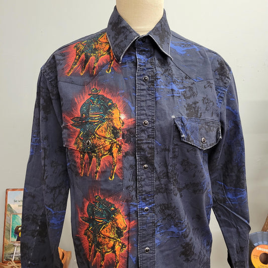 vtg 90s WRANGLER WESTERN BUTTONDOWN // vintage wrangler western medium mens all over print psychedelic cowboy pattern pearl snap rodeo ranch