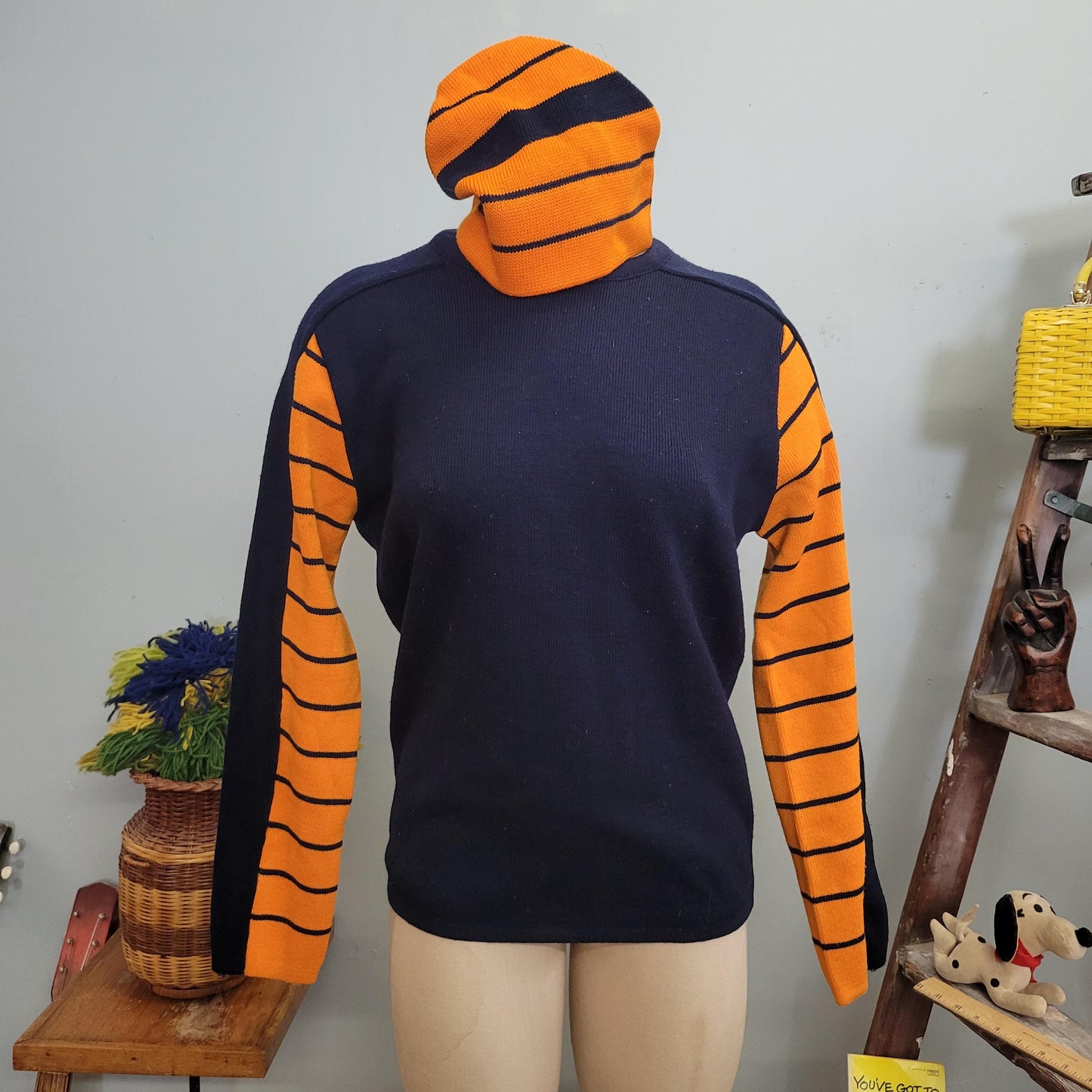 vtg 70s LIDO HAT & SWEATER // vintage small orange blue striped wool ski style autumn vibes winter retro Kelso 70s show knit beanie jumper