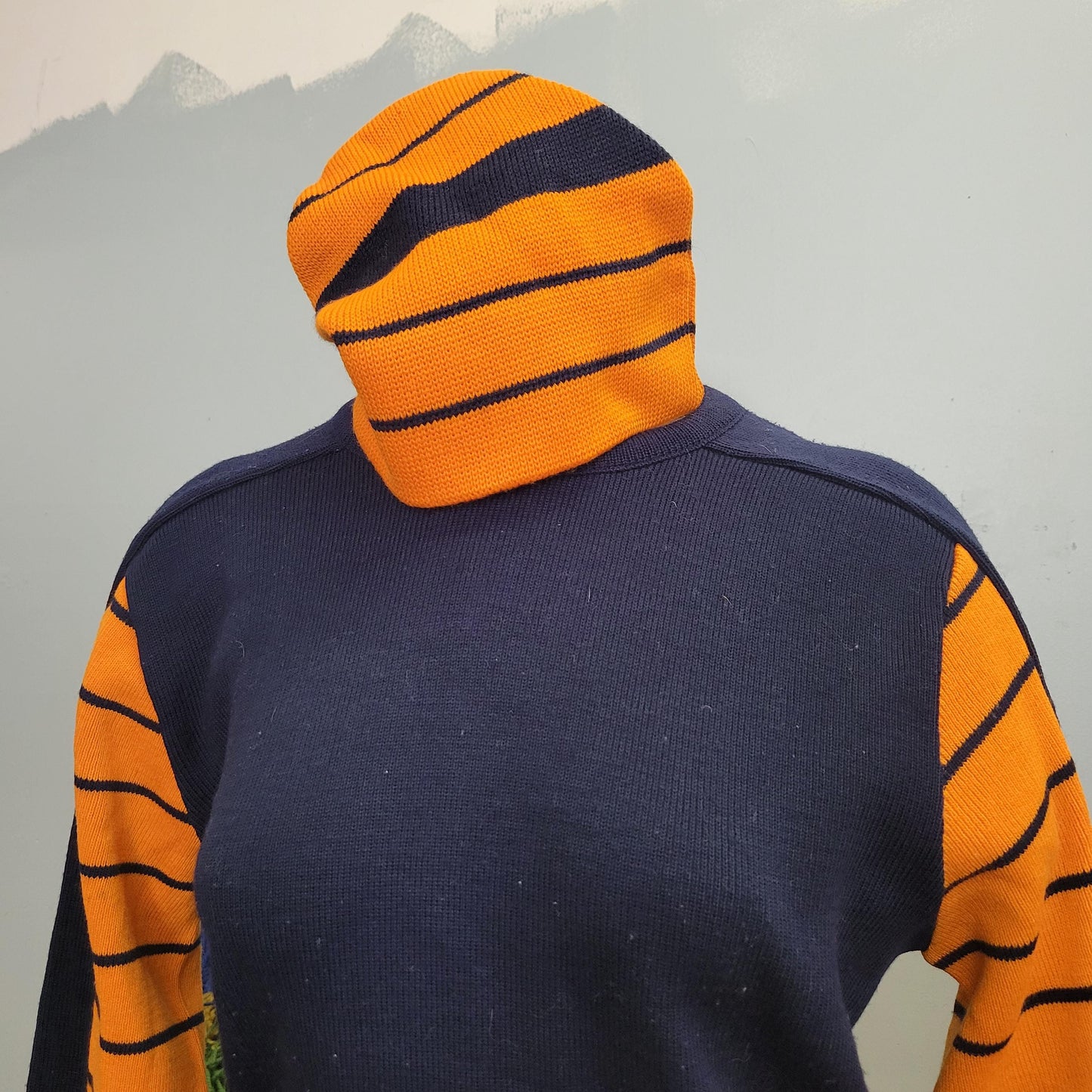 vtg 70s LIDO HAT & SWEATER // vintage small orange blue striped wool ski style autumn vibes winter retro Kelso 70s show knit beanie jumper