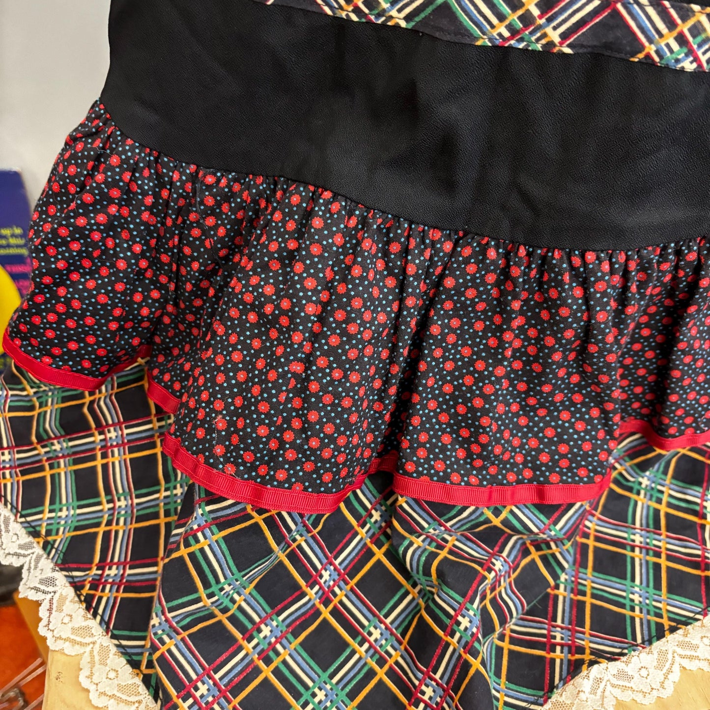vtg 70s GUNNIES RAYON FLORAL Skirt // vintage rare black slinky rayon tiered plaid lace hippie goth autumn fashion midi length prairie dress