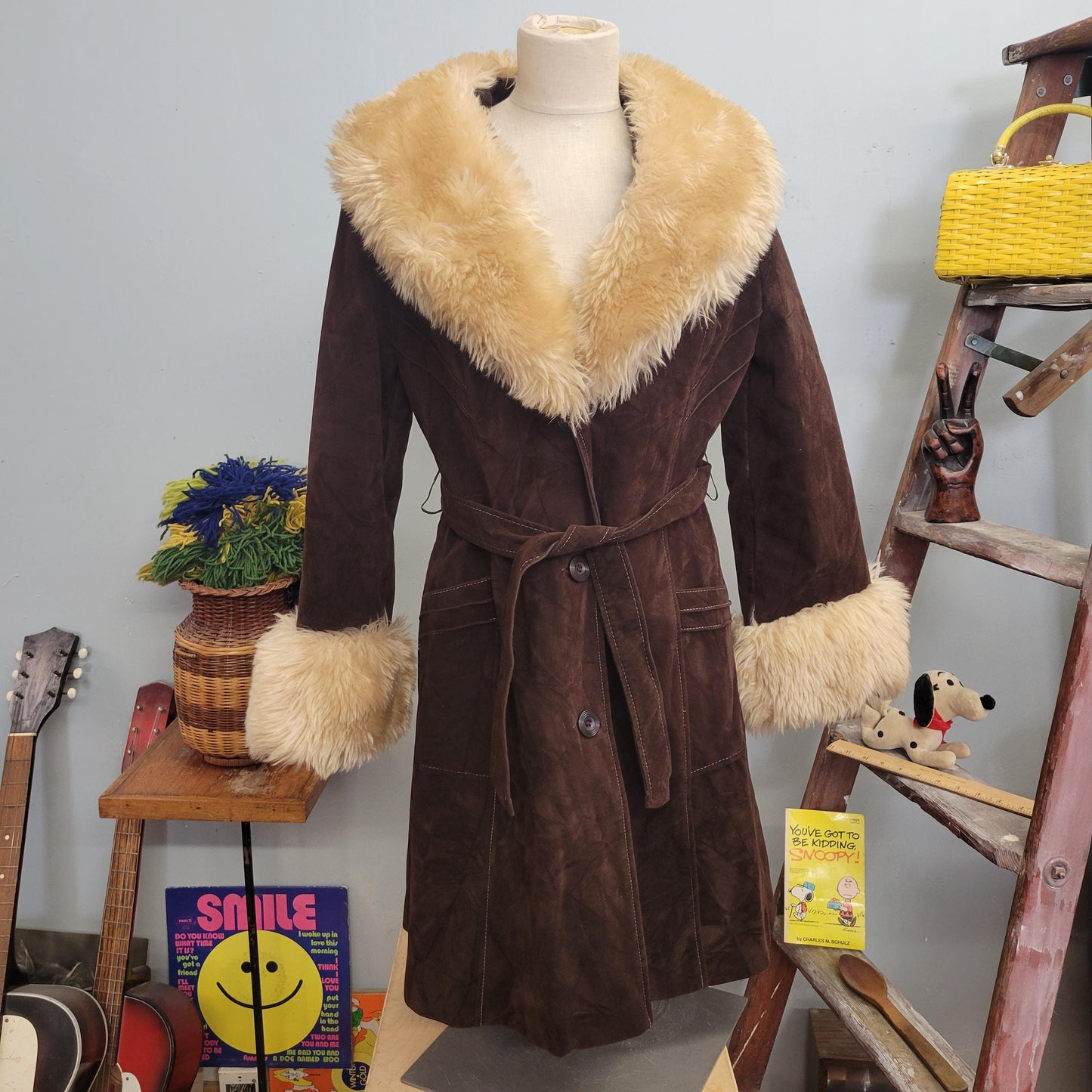 vtg 70s FUR SUEDE COAT // vintage medium penny lane large collar big arm cuffs chocolate brown fur trimmed stroller coat belted boho duster
