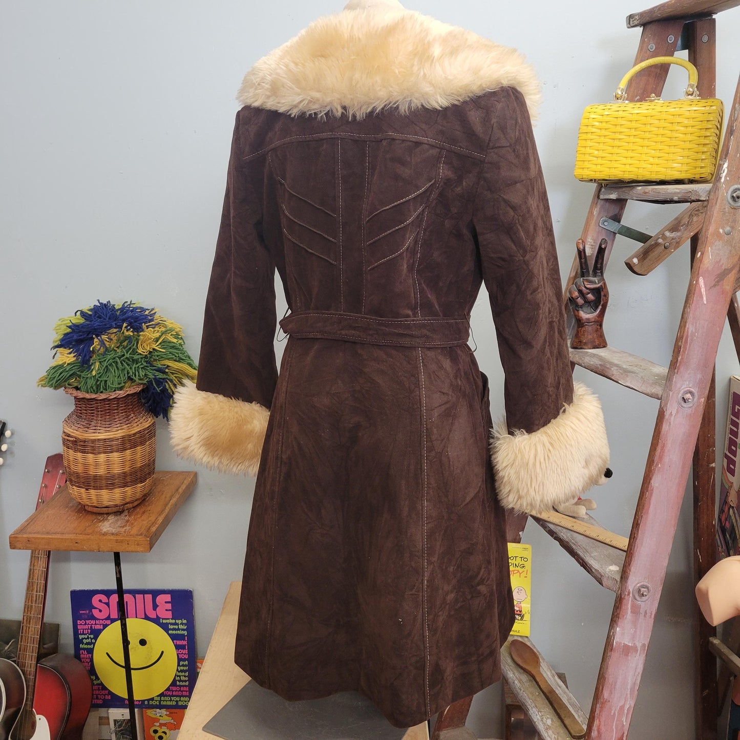 vtg 70s FUR SUEDE COAT // vintage medium penny lane large collar big arm cuffs chocolate brown fur trimmed stroller coat belted boho duster