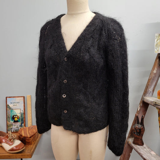 vtg 50s BLACK MOHAIR CARDIGAN // vintage knit sweater donaldsons golden rule medium cable knit chunky crochet shaggy button up fall sweater