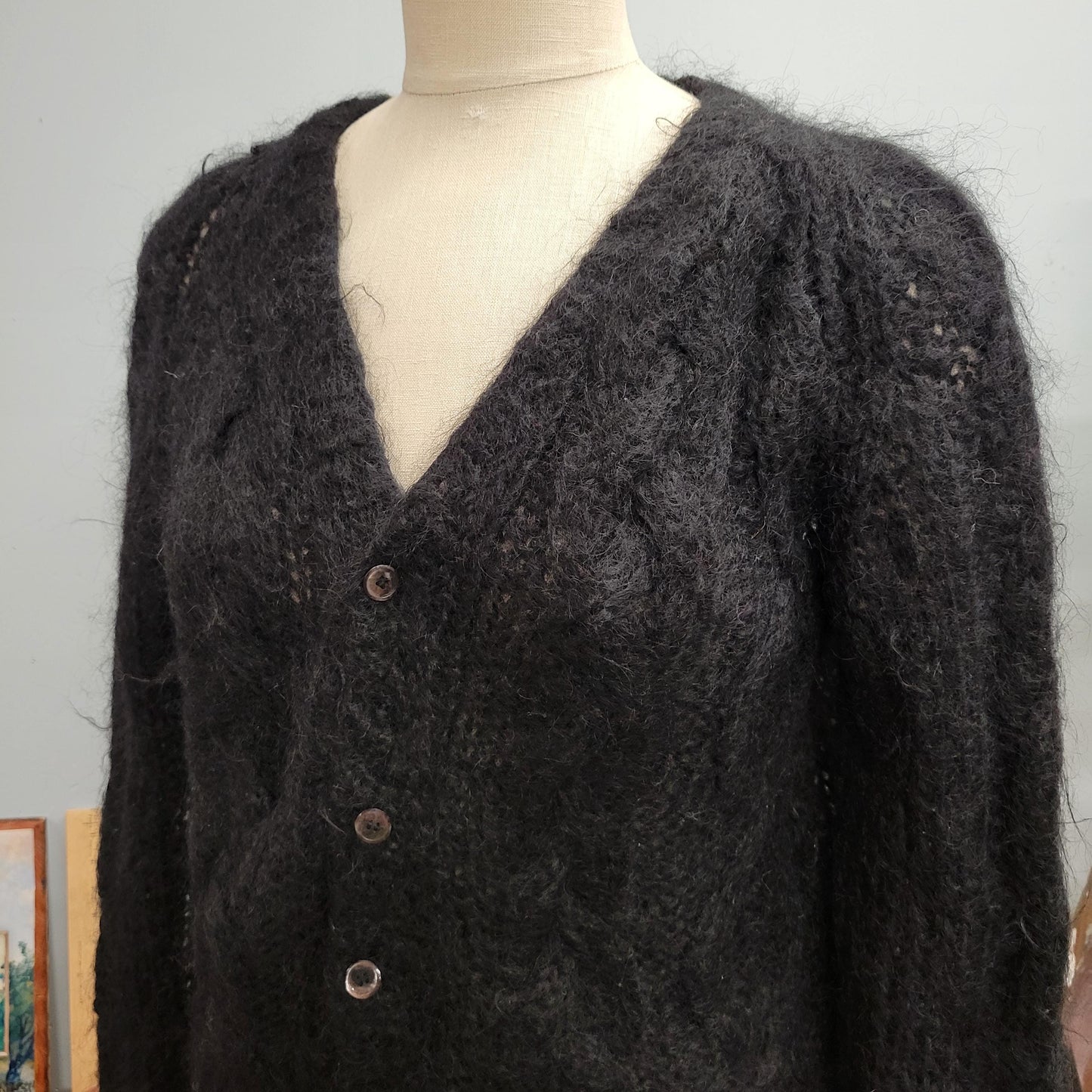 vtg 50s BLACK MOHAIR CARDIGAN // vintage knit sweater donaldsons golden rule medium cable knit chunky crochet shaggy button up fall sweater