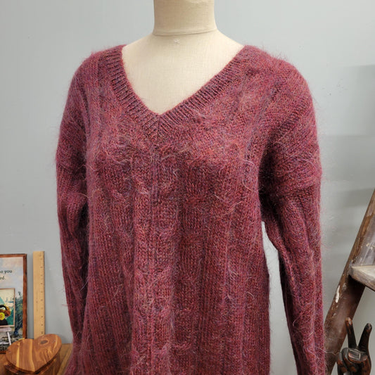 vtg 90s MAGENTA MOHAIR SWEATER // vintage susan bristol large long oversized shaggy deep mauve v neck ribbed autumn tones cottage core cozy
