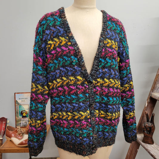 vtg 70s PSYCHEDELIC KNIT CARDIGAN // vintage koret sweater large womens oversized slouchy vneck confetti kaleidoscope multicolor striped top