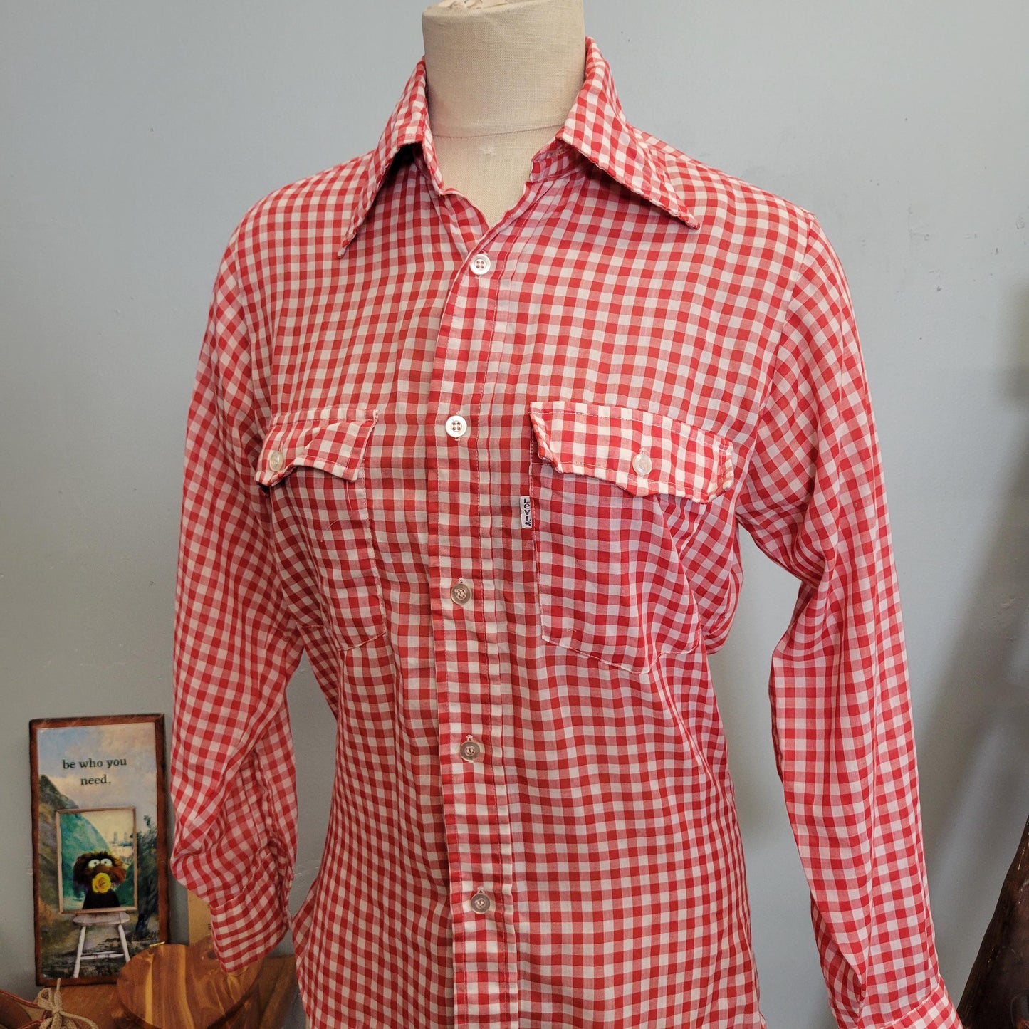 vtg 70s LEVIS GINHAM PLAID Shirt // vintage levi shirt small button down western hippie retro red plaid autumn fashion classic dress shirt