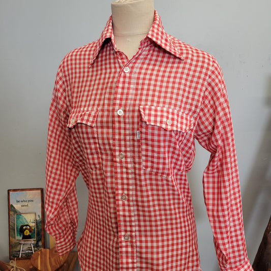 vtg 70s LEVIS GINHAM PLAID Shirt // vintage levi shirt small button down western hippie retro red plaid autumn fashion classic dress shirt
