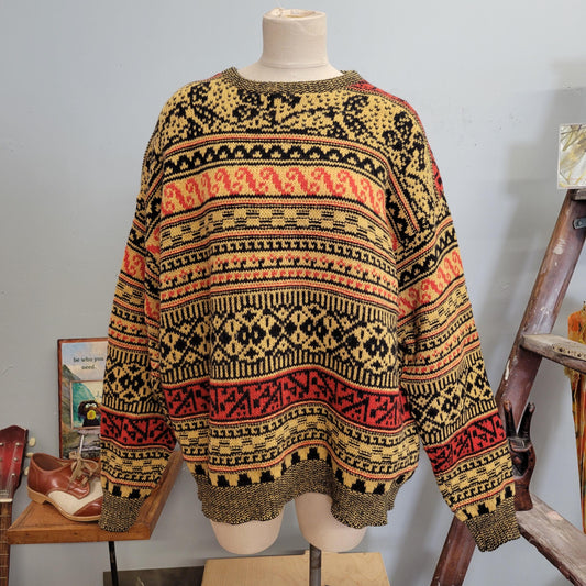 vtg 90s WINONA KNITS SWEATER // vintage mens xl abstract patterned oversized slouchy thick chunky knit earth tones striped patchwork winter