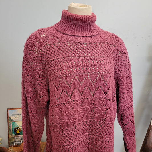 vtg 90s HAND KNIT SWEATER // vintage rosey mauve womens large oversized slouchy cowl neck slouchy sweater dress romantic casual cozy autumn