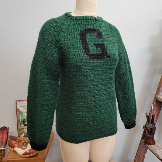 vtg KNIT G SWEATER // vintage style crochet letter green footbal retro grandma sweater homemade green bay team packers colors og college