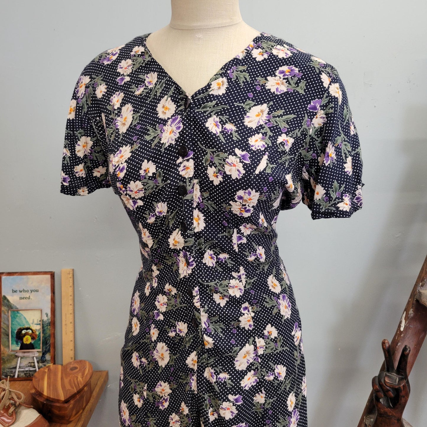 vtg 90s FLORAL RAYON ROMPER // vintage basic editions small v neck belted swiss dot cute flowy baby doll dress alternative doc martens dress