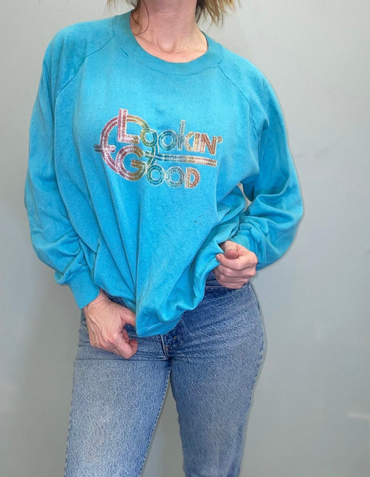vtg 70s LOOKING GOOD SWEATSHIRT // vintage rainbow retro sparkle Iron on distressed thin blue  sticker funny saying ironic pms baggy shirt