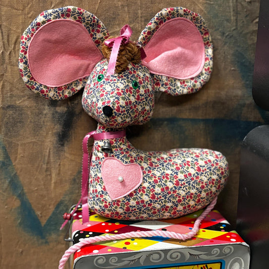 vtg 1960s MOUSE DOORSTOPPER // vintage cute patchwork big ears heavy beanbag soft baby room decor door holder stuffed animal prop