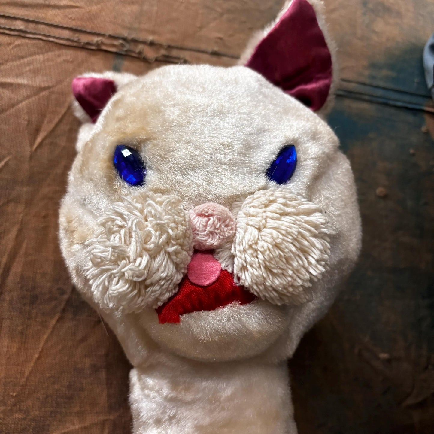 vtg 1960s BOO BOO KITTY Plush // vintage laverne & shirley dollcraft sapphire eyes large white kitty plush long tail 21" retro furry toy