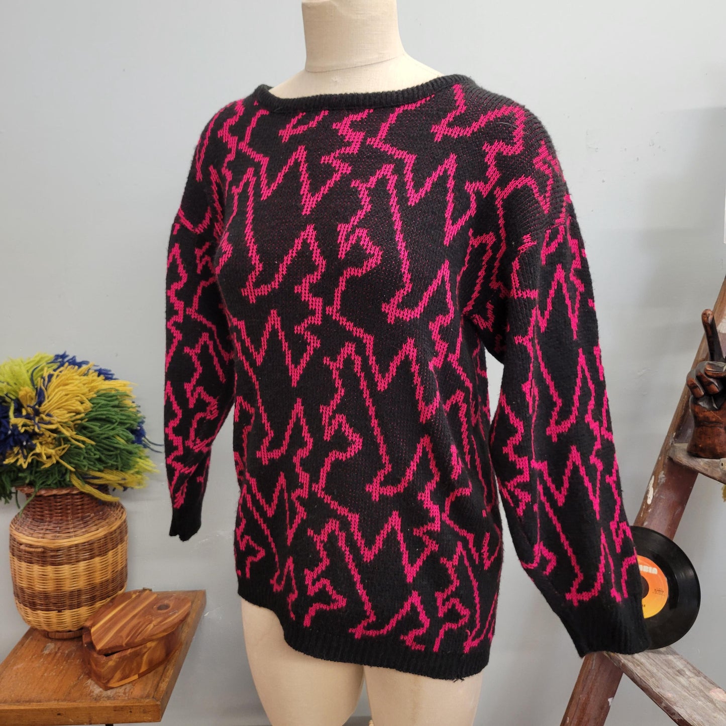 vtg 80s ZIG ZAG SWEATER // vintage medium womens bright funky long retro purple black abstract pattern all over print casual fun maximalist