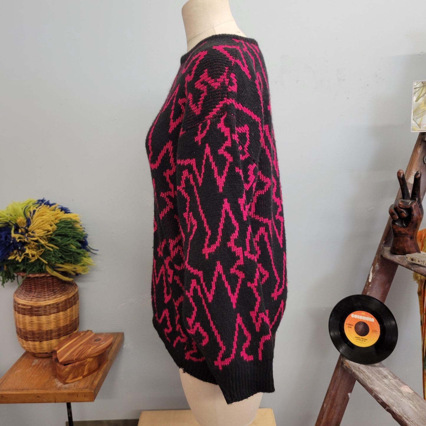 vtg 80s ZIG ZAG SWEATER // vintage medium womens bright funky long retro purple black abstract pattern all over print casual fun maximalist