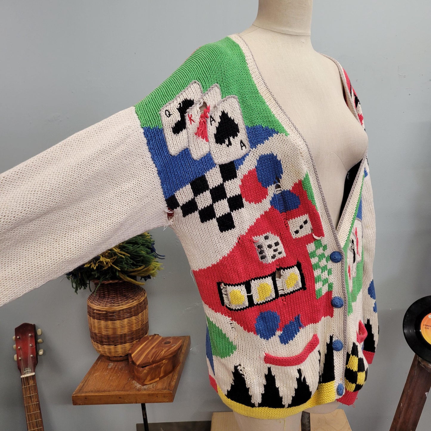 vtg 80s POKER HANDKNIT CARDIGAN // vintage homemade cardigan bay xl vegas casino gambling novelty knit sweater funky oversized playing cards