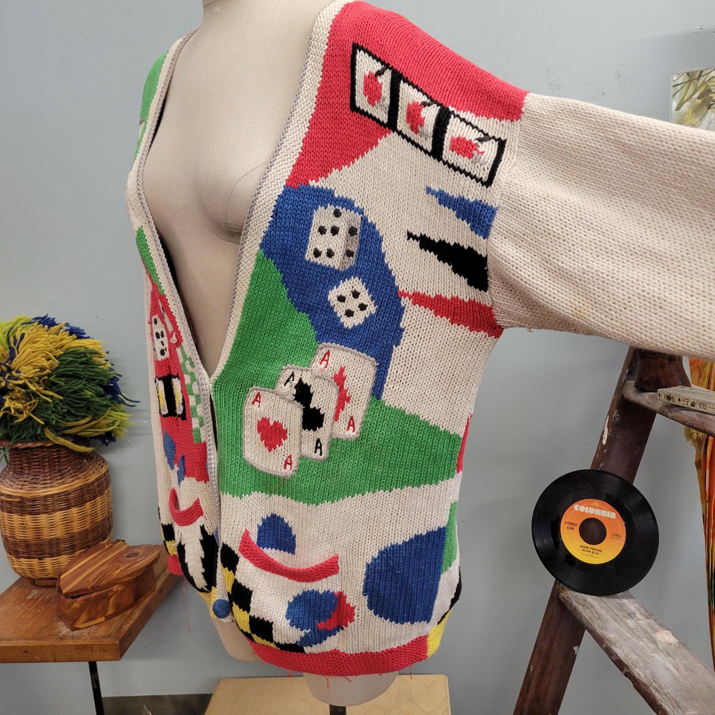 vtg 80s POKER HANDKNIT CARDIGAN // vintage homemade cardigan bay xl vegas casino gambling novelty knit sweater funky oversized playing cards