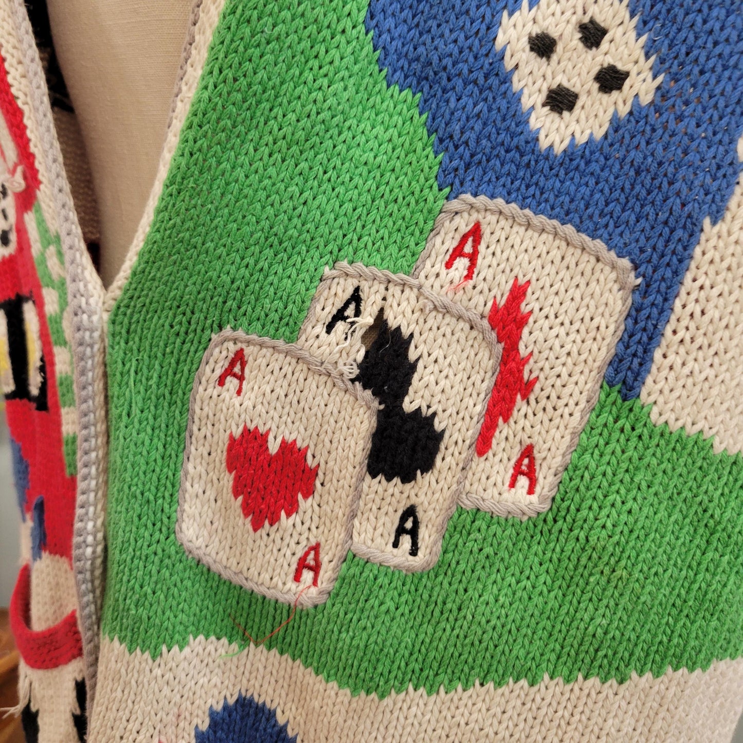 vtg 80s POKER HANDKNIT CARDIGAN // vintage homemade cardigan bay xl vegas casino gambling novelty knit sweater funky oversized playing cards