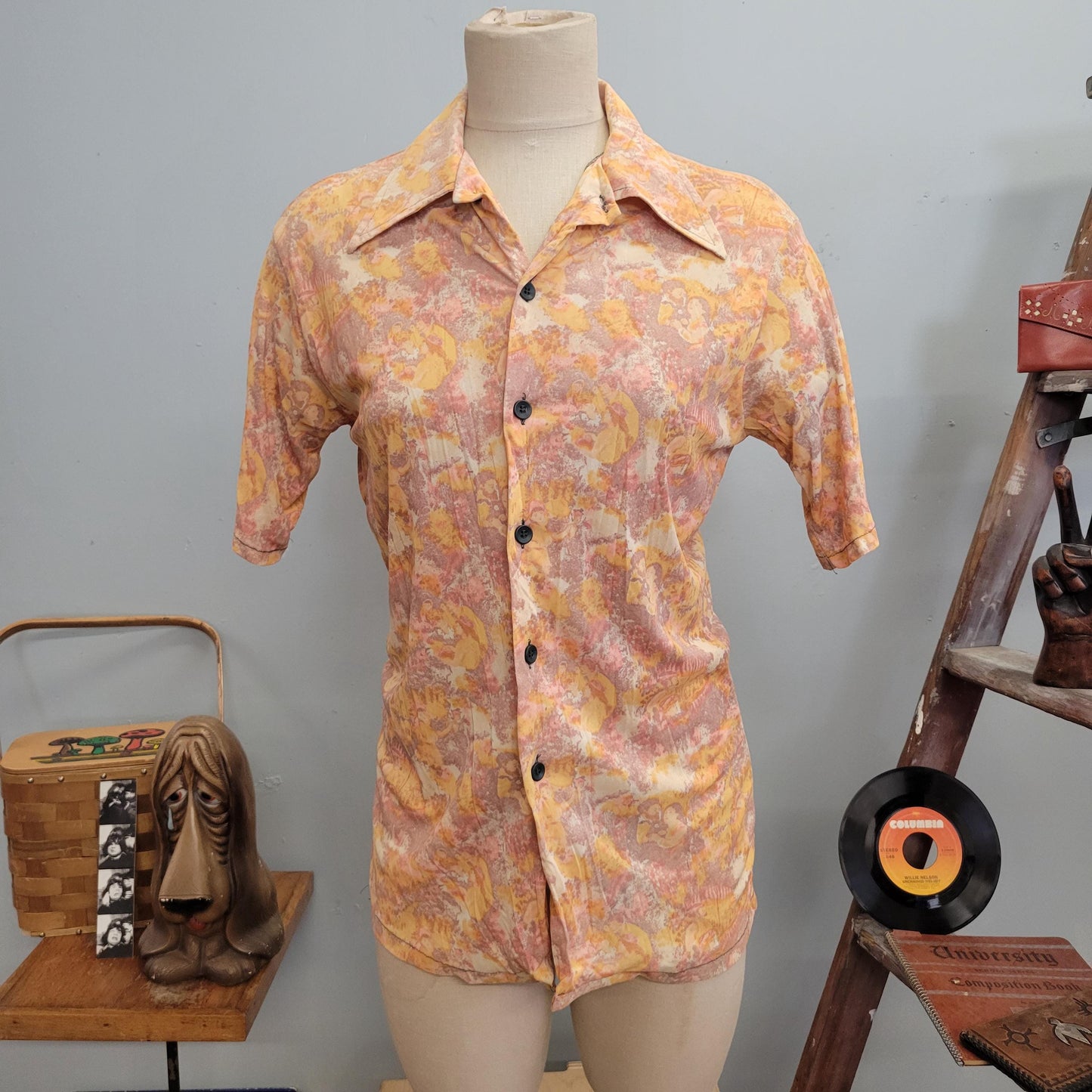 vtg 70s PAINTED SILKY TOP // vintage jc penney medium 1800s scene pointy collar pastel retro tapered psychedelic short sleeve autumn style