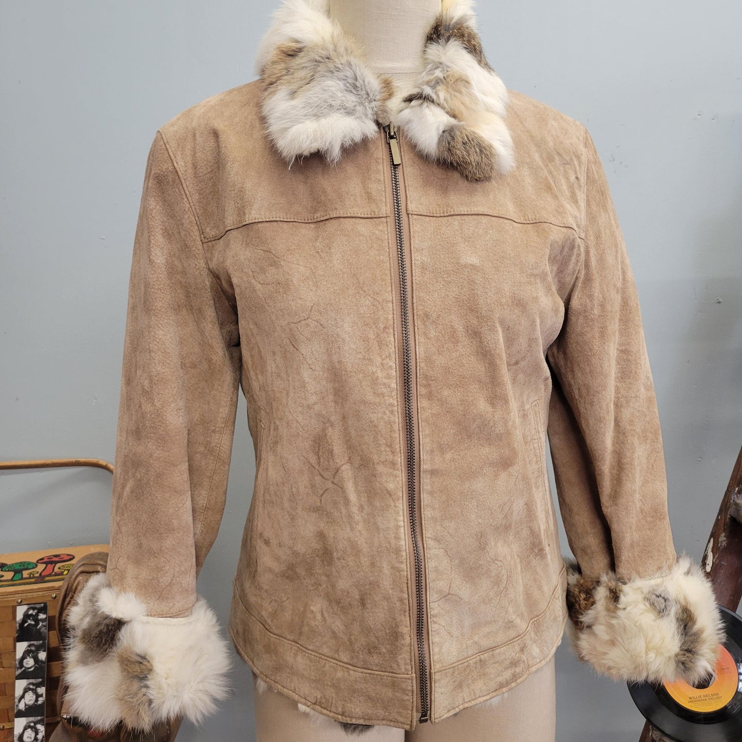 vtg 90s SUEDE FUR JACKET / vintage st johns bay womens medium leather coat rabbit fur trim zip metro new york style fashionista autumn top