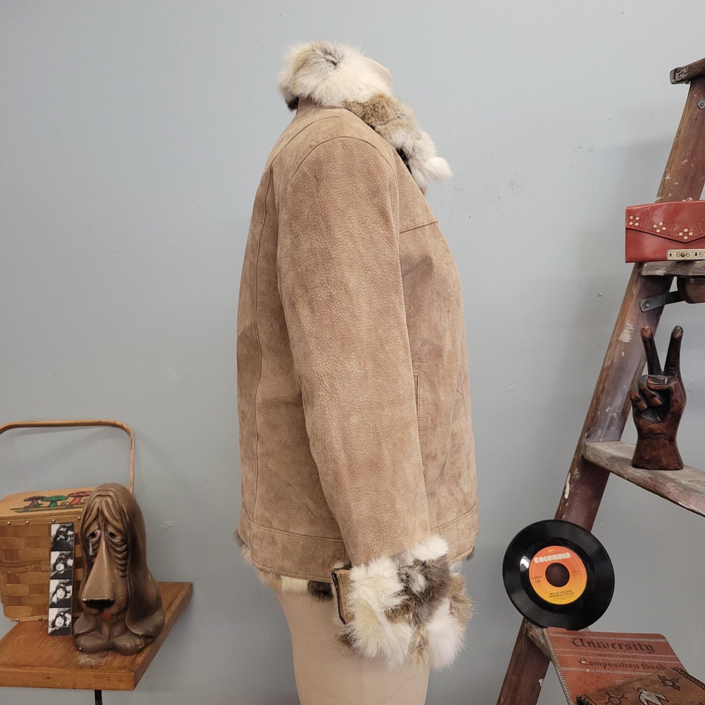 vtg 90s SUEDE FUR JACKET / vintage st johns bay womens medium leather coat rabbit fur trim zip metro new york style fashionista autumn top