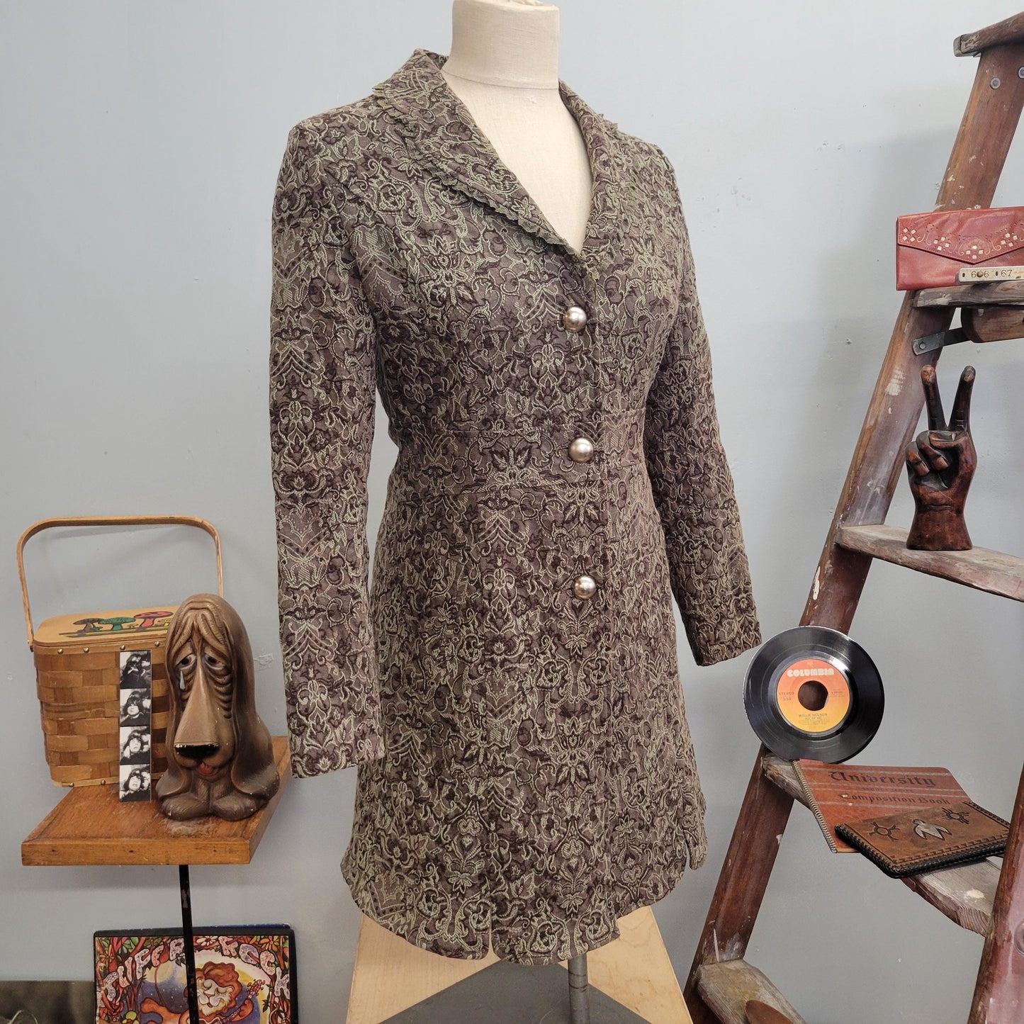 vtg 90s PATTERNED DUSTER JACKET // vintage papillon small womens structured sleek phoebe friends sophisticated casual autumn trench duster