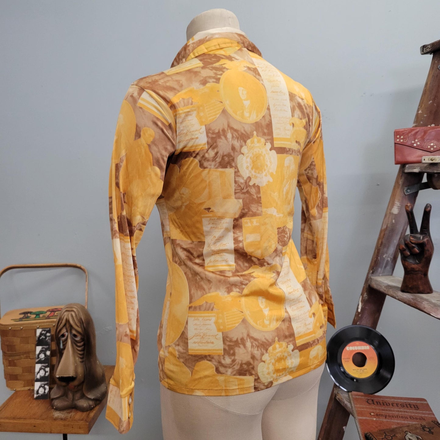 vtg 70s SILKY MONEY TOP // vintage psychedelic sportcrest 16 nylon button up andrew jackson benjamin franklin constitution declaration usa