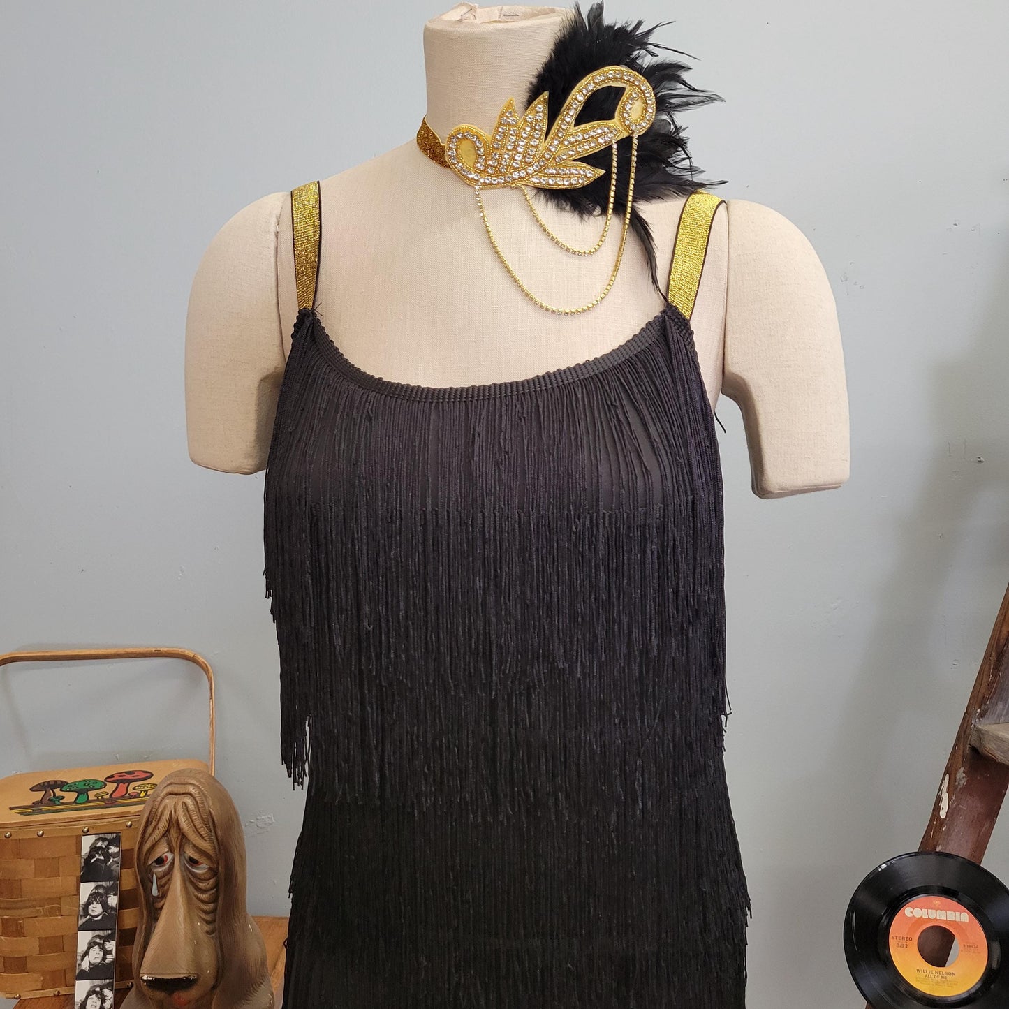 vtg y2k 1920s FLAPPER COSTUME // vintage rorox small halloween black fringe art deco Charleston gatsby dancer headpiece roaring 20s costume