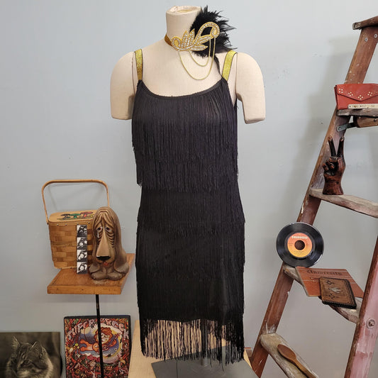 vtg y2k 1920s FLAPPER COSTUME // vintage rorox small halloween black fringe art deco Charleston gatsby dancer headpiece roaring 20s costume