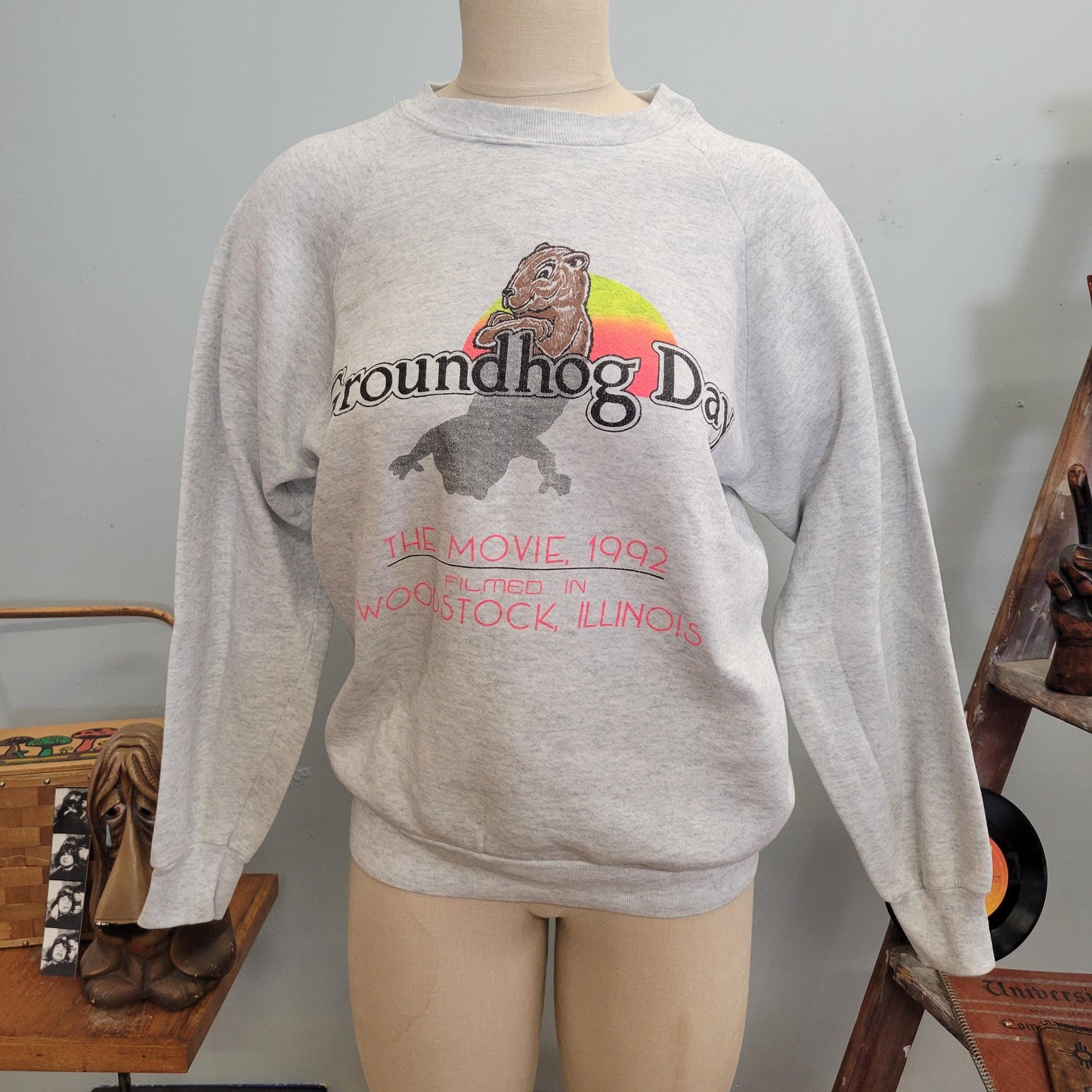 vtg 90s GROUNDHOG DAY SWEATSHIRT // vintage 1992 movie sweatshirt bill murray Punxsutawney Phil holiday souvenir tourist Woodstock Illinois