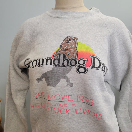 vtg 90s GROUNDHOG DAY SWEATSHIRT // vintage 1992 movie sweatshirt bill murray Punxsutawney Phil holiday souvenir tourist Woodstock Illinois