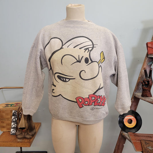 vtg 90s POPEYE CREWNECK SWEATSHIRT / vintage paris sport club oversized medium cartoon character olive oyl movie robin williams big face aop