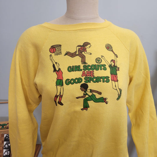 vtg 70s GIRL SCOUTS SWEATSHIRT // vintage crewneck medium womens good sports girl power autumn fall fashion pastel yellow retro colors shirt