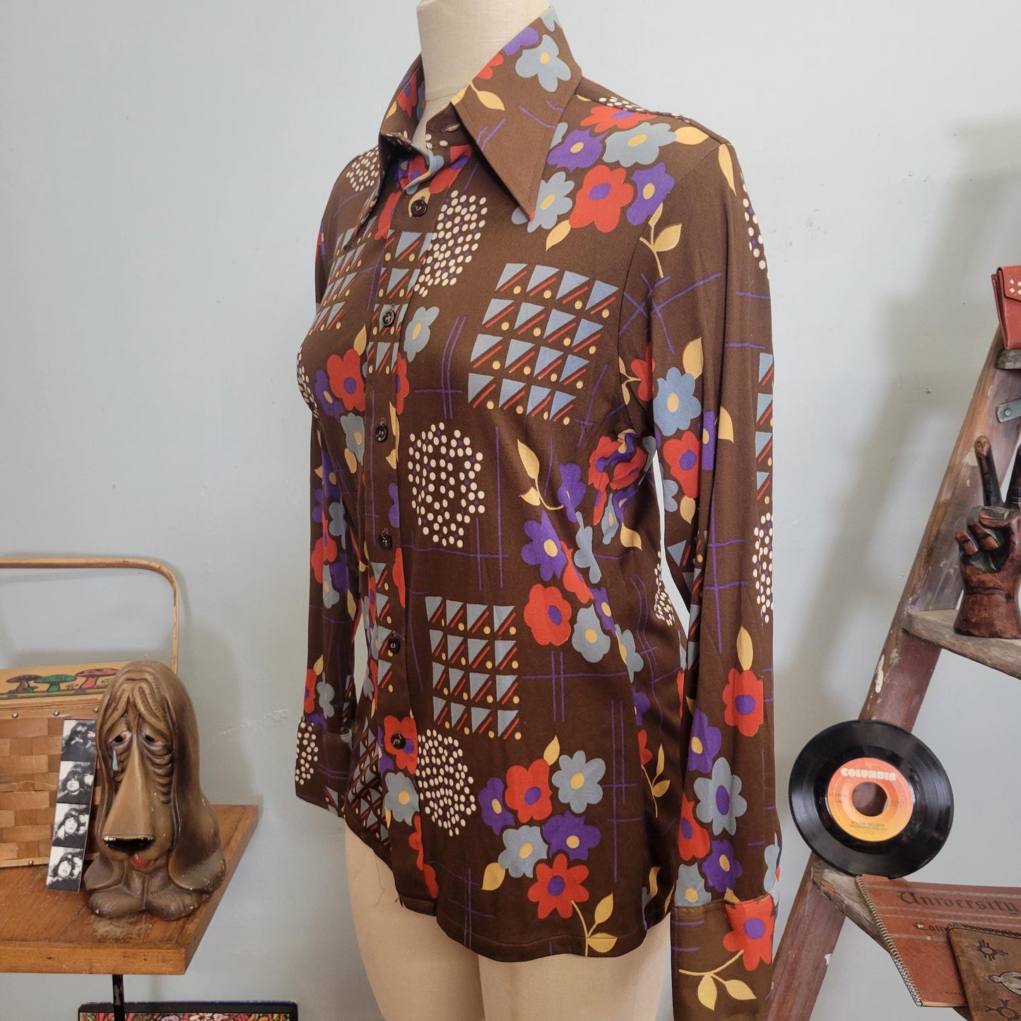 vtg 70s FLOWER POWER TOP // vintage button down masterbuilt medium autumn style abstract psychedelic retro pointy collared hippie mod style