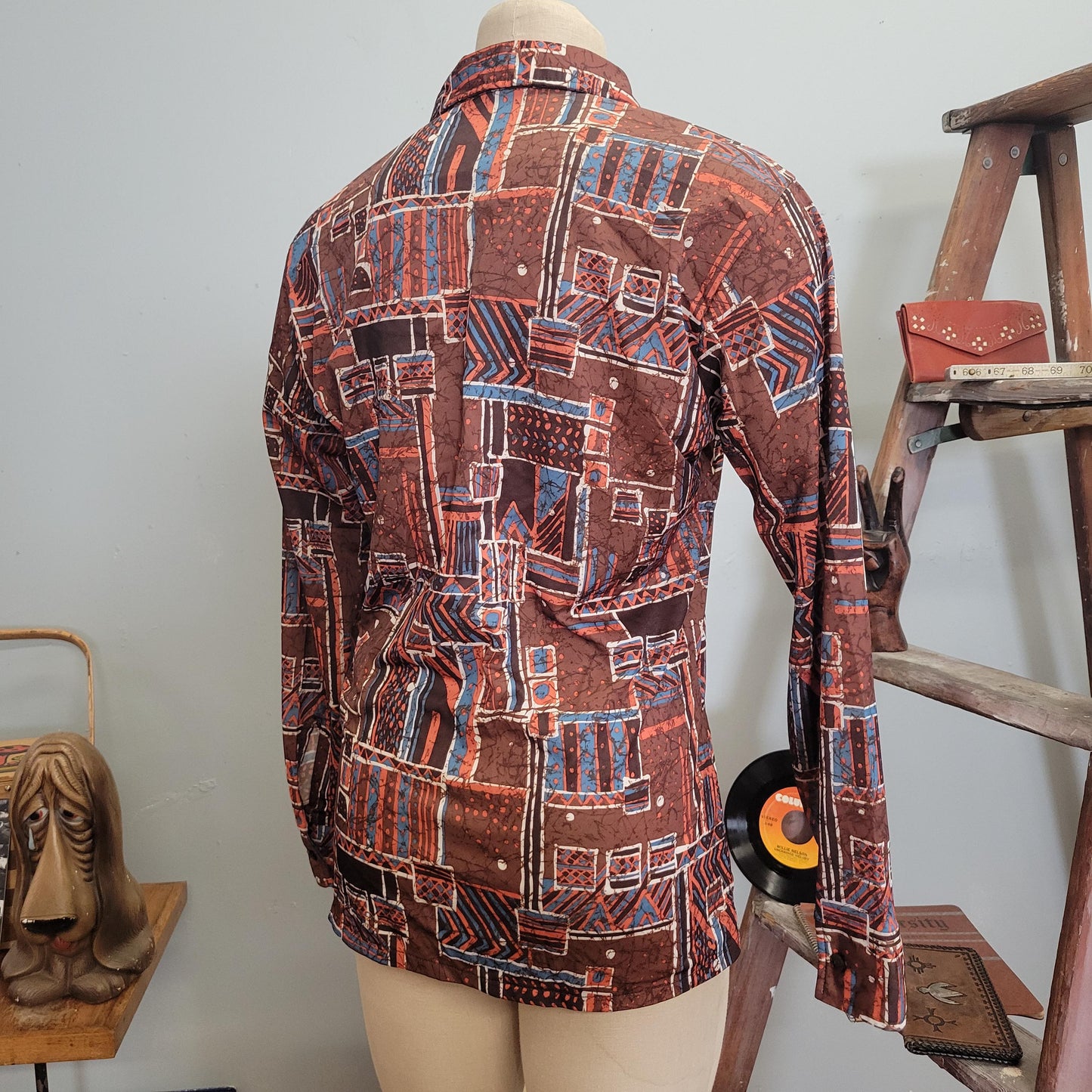 vtg 70s PATTERNED SILKY BLOUSE // vintage button down kmart medium mens abstract psychedelic pointy collar retro hippie disco mod autumn top