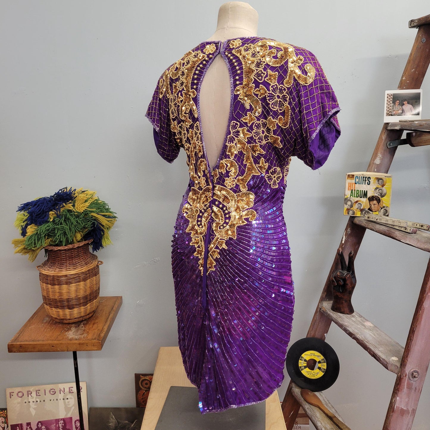 vtg 80s BEADED SILK DRESS // vintage pantagis medium womens gold fully sequined purple jewel statement avant garde dynasty style party event
