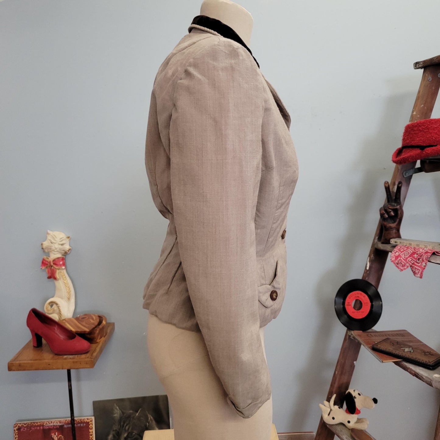 vtg 40s WOOL PEPLUM BLAZER // vintage small kolmer petites womens gabardine button up velvet collar dress top art deco wasp waist 1930s top