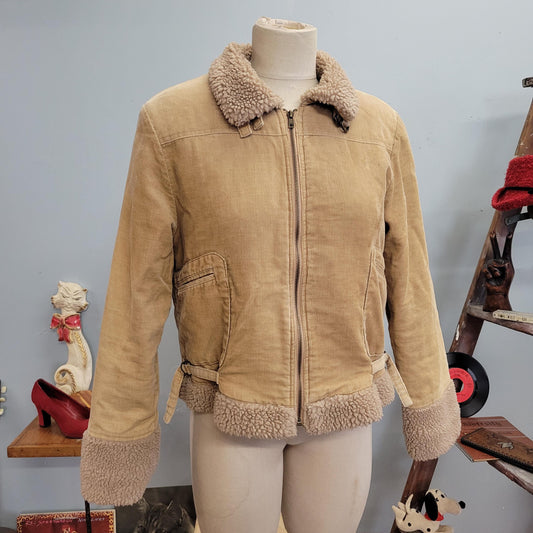 vtg 90s SHERPA CORDOROUY JACKET // vintage faded glory womens large 12/14 beige gold ribbed fur trimmed zip up jacket y2k retro autumn style