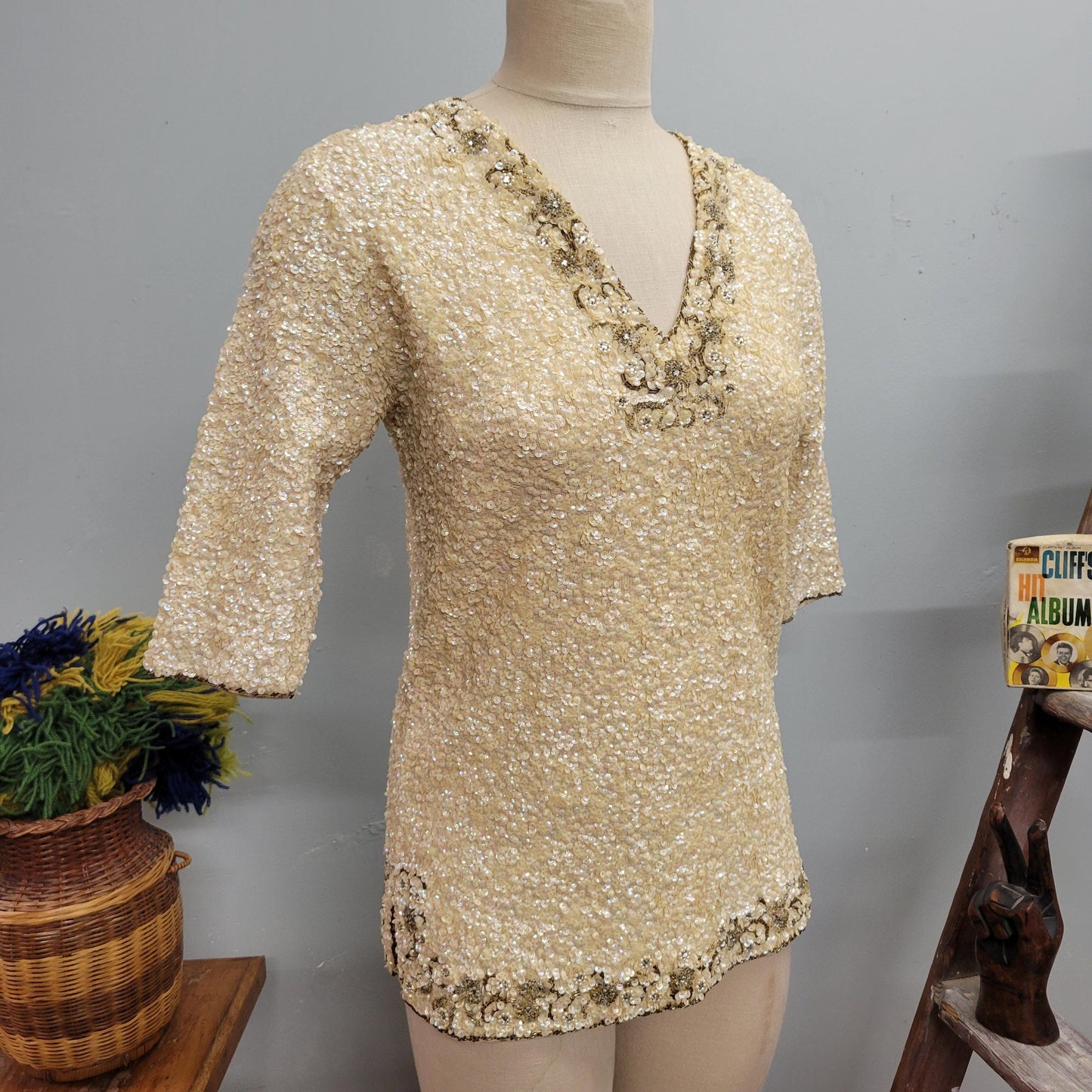 vtg 70s GENE SHELLY MINI Dress // vintage fully sequined gene shellys boutque internationale deep vee ivory tunic micro mini beaded blouse