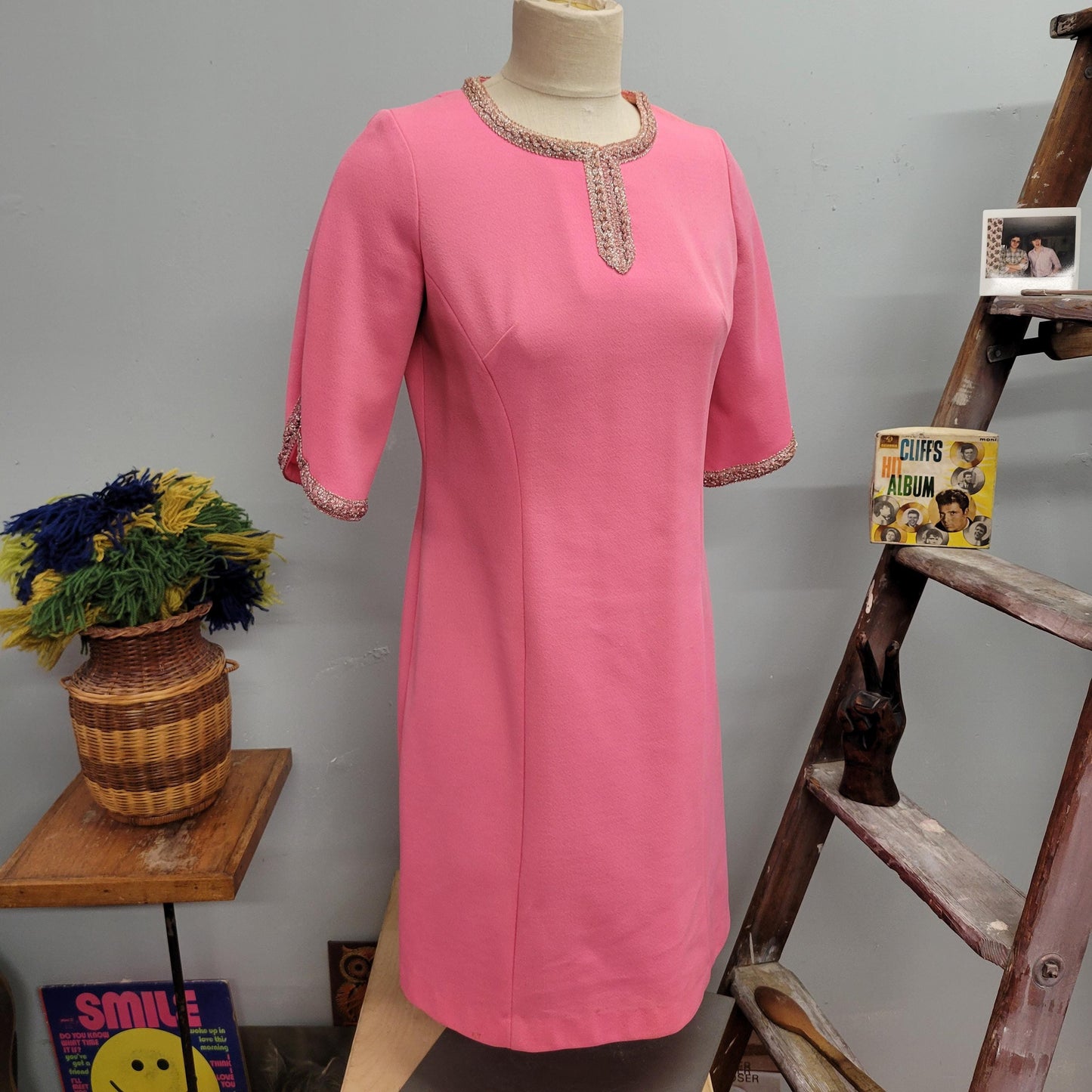 vtg 60s MOD PINK TINSEL Dress // vintage union made size 14 1/2 large beaded embellished tinsel trim barbie pink split flare sleeve keyhole