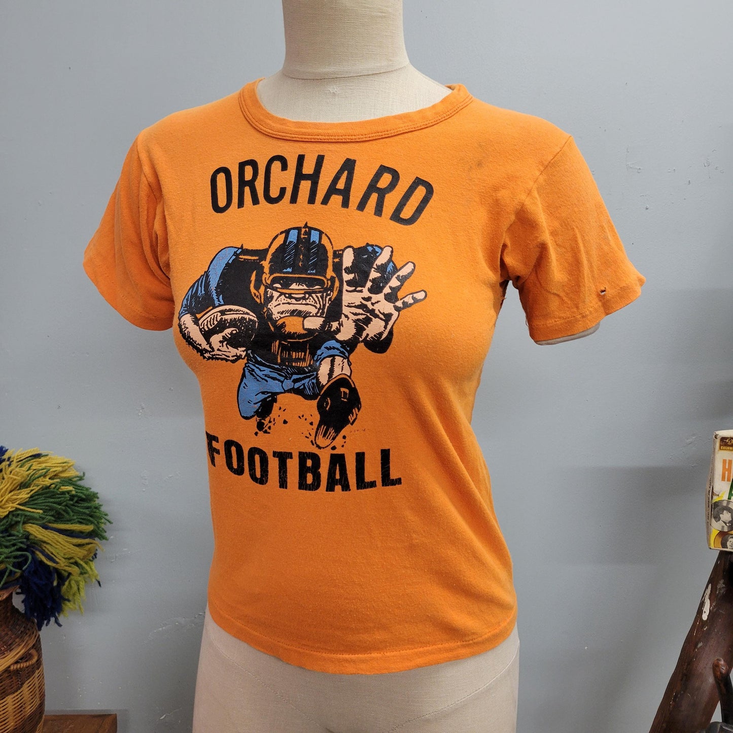 vtg 70s ORCHARD FOOTBALL TSHIRT // vintage russell small playoff cute femme style french cut iron on sports graphic baby tee soft thin top
