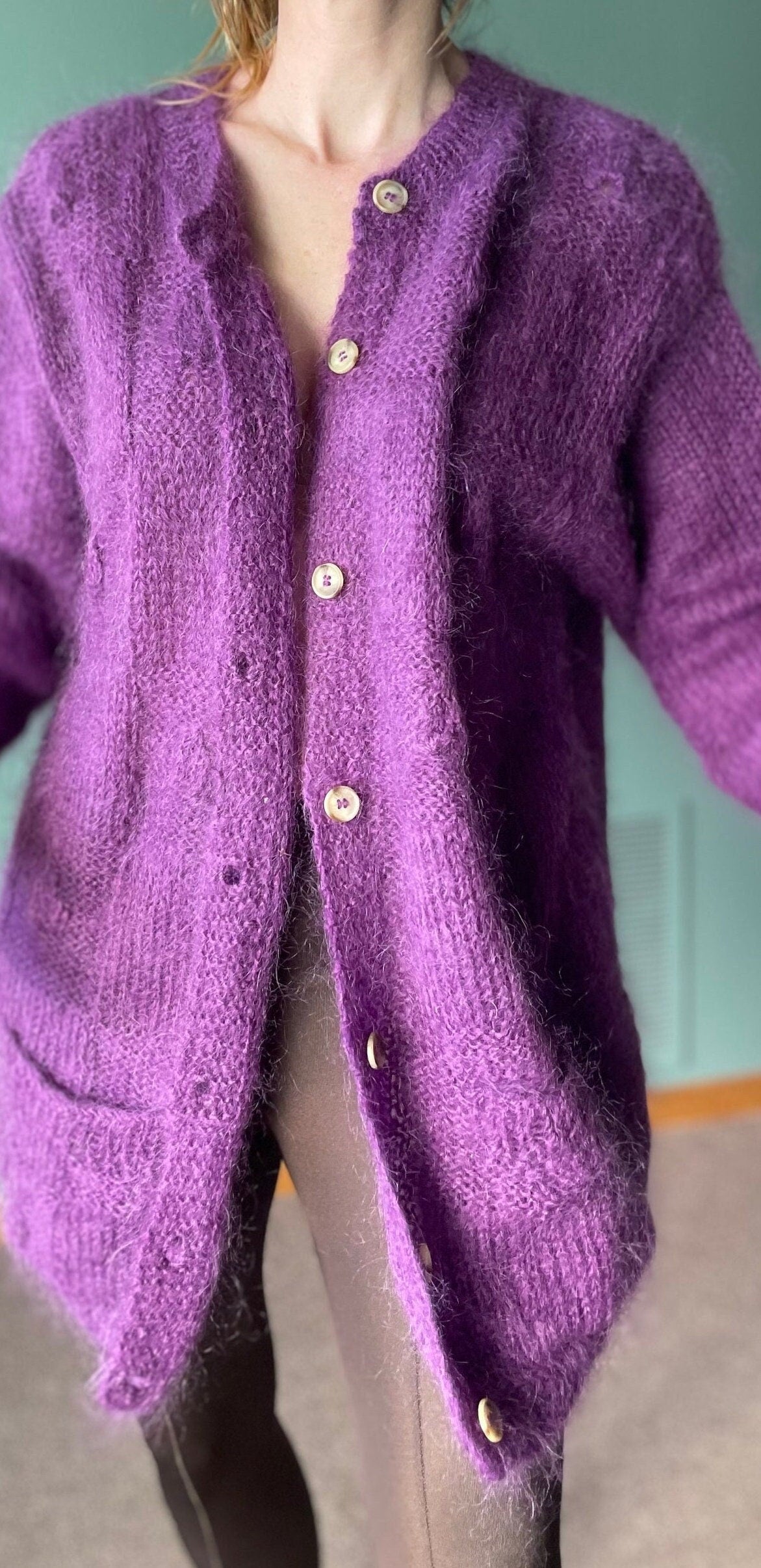 vtg 80s PURPLE MOHAIR SWEATER / vintage womens large shaggy 3D textured design fuzzy oversized cardiga long autumn sweater winter dress coat