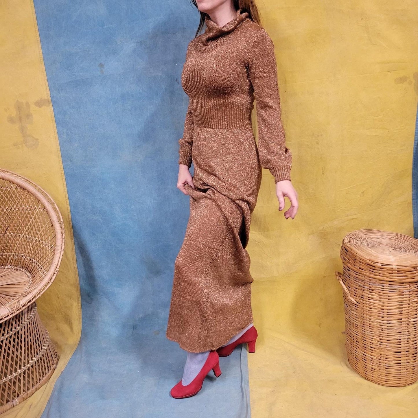 vtg 70s GOLD LUREX DRESS // vintage womens medium metallic knit sparkly glitter cowl neck roncelli style full length autumn cocktail party