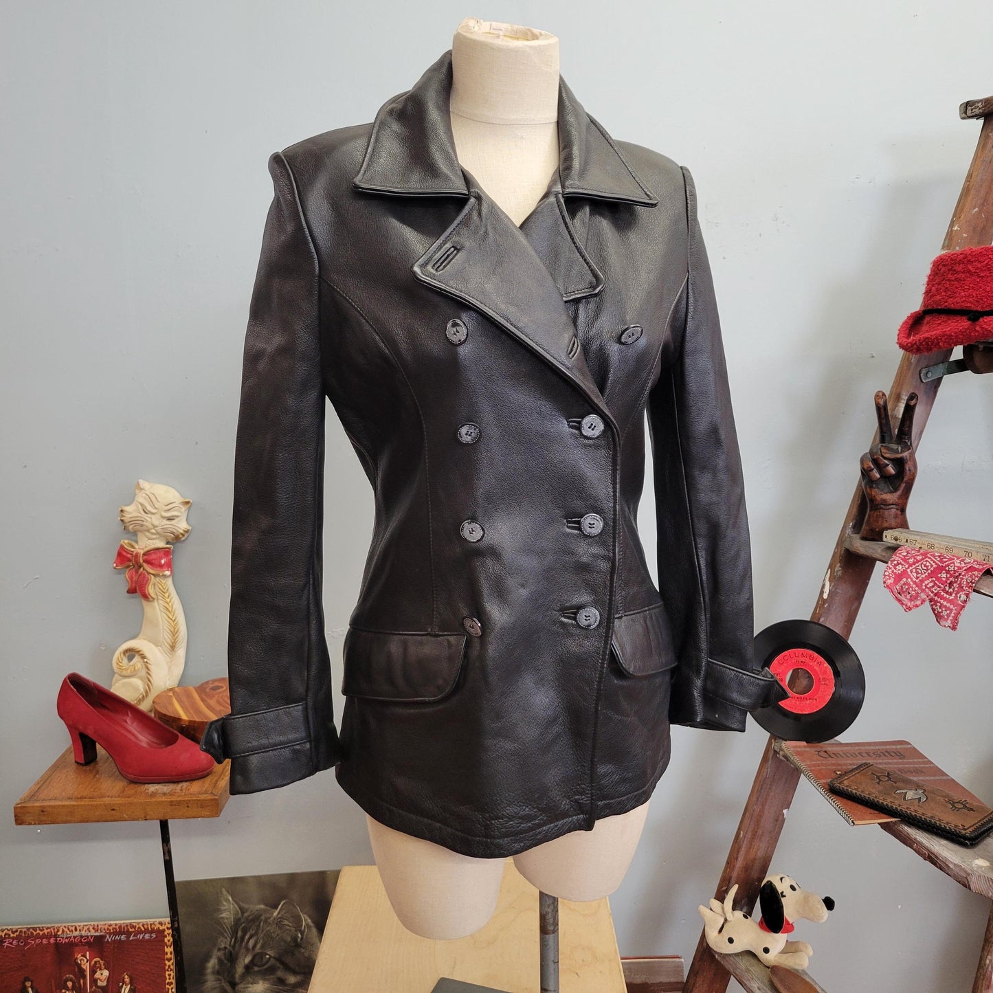 vtg 90s BLACK LEATHER JACKET // vintage wilsons medium womens sleek double breasted pointy collar classic autumn slicker minimalist style