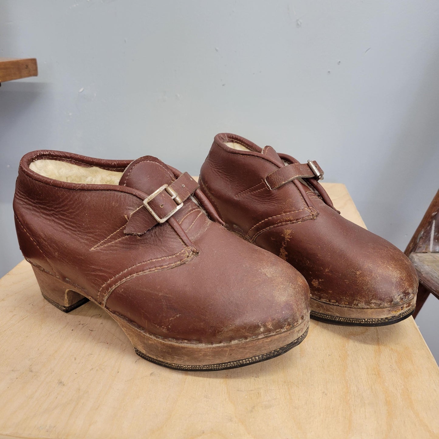 vtg 1940s LEATHER CLOG BOOTS // vintage sherpa lined 8.5 womens brown platform wooden heel chunky buckle boots round toe winter galoshes