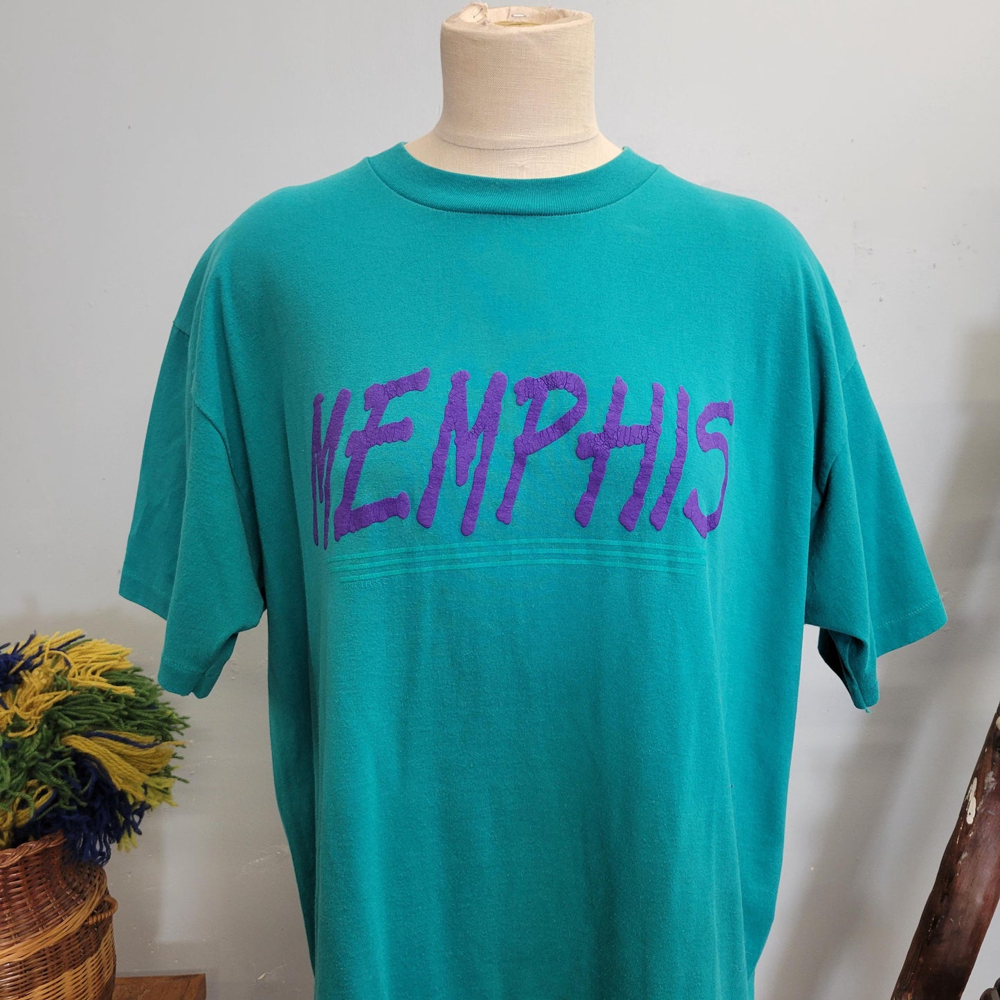 vtg 80s MEMPHIS TSHIRT // vintage shirt hanes heavyweight XL unisex teal purple retro elvis single stitch puff paint 90s rock band baggy tee